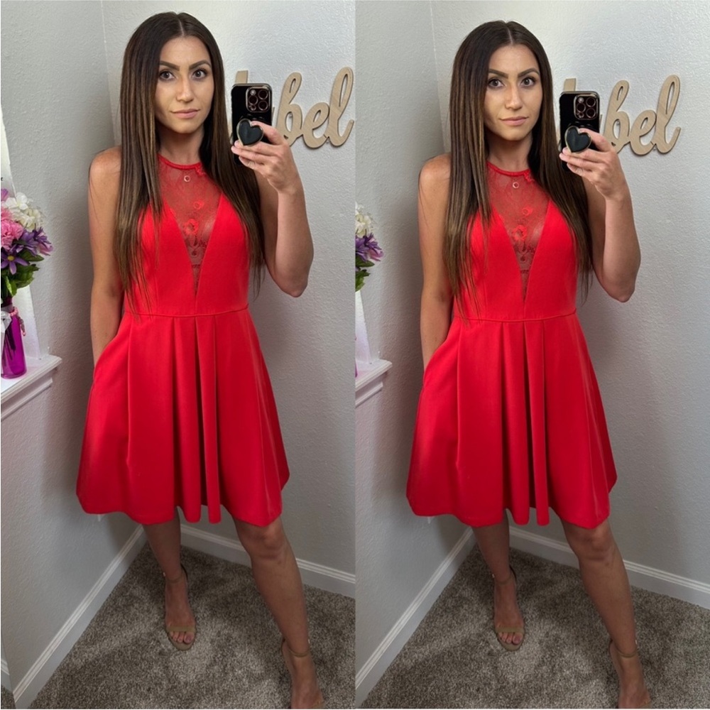 Gianni Bini romantic Red laced halter fit and flare pocket dress size 8